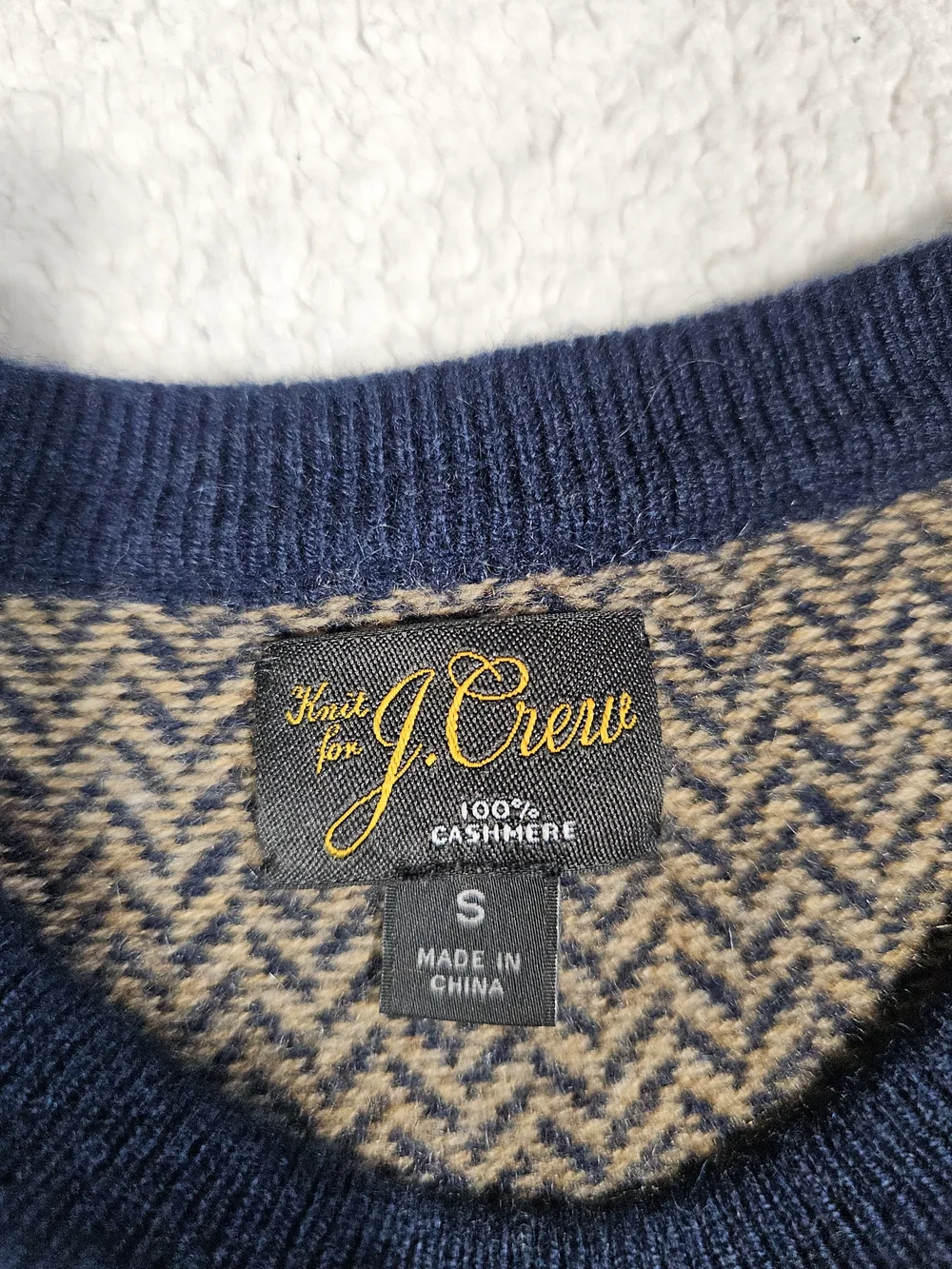 J Crew 100% Cashmere Herringbone Jacquard Crewneck Sweater in Tan & Blue Size S.